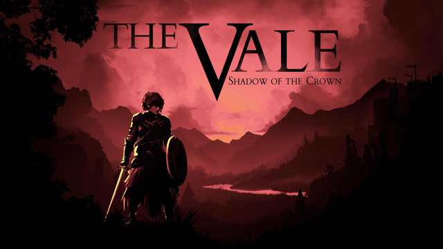 Title screen of The Vale showing the player character Princess Alex in her armour wielding a sword and a shield. The background shows a river and mountains, fog and some trees. The title in the upper center reads "The Vale - Shadow of the Crown".