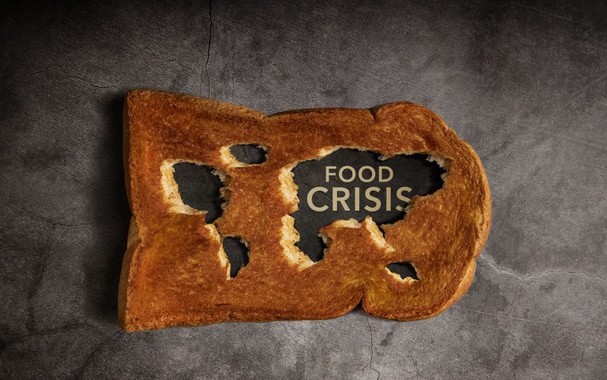 Piece of toast with holes over the words food crisis