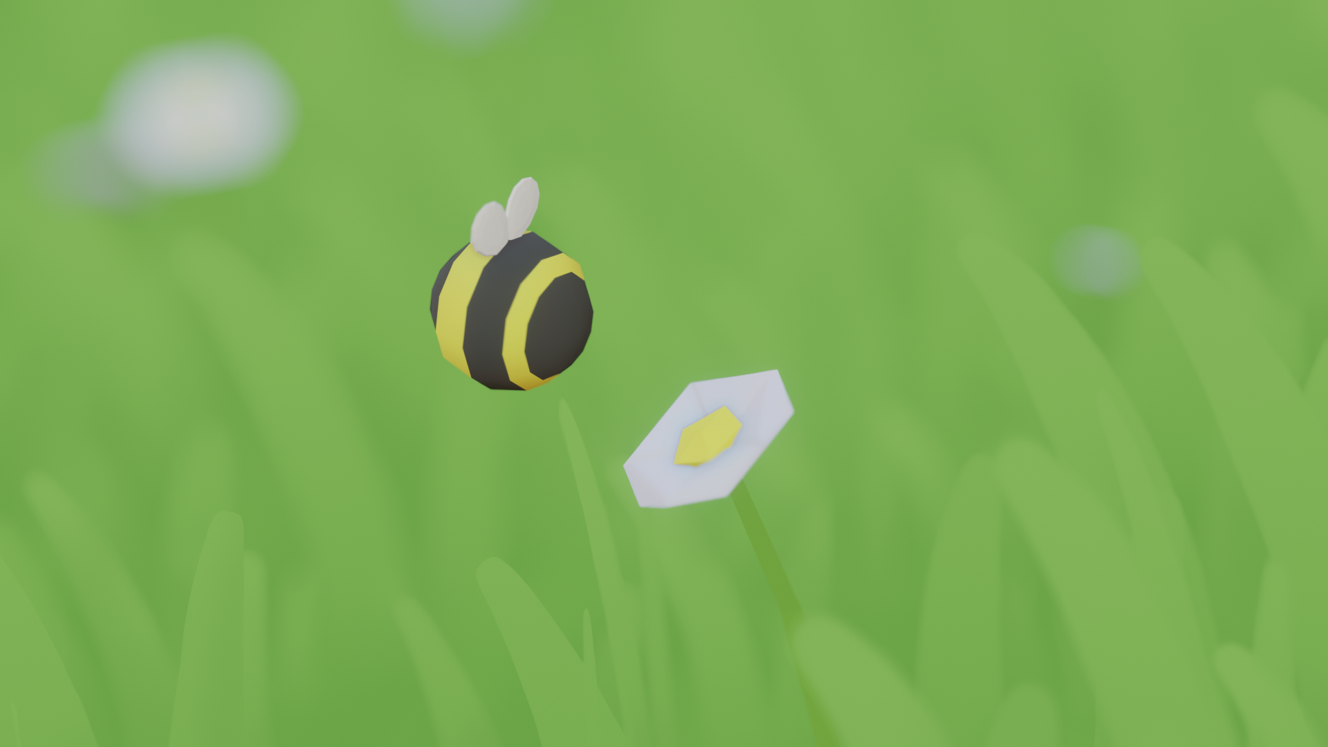 A very round low poly bee with tiny wings visits a pale blue low poly flower. The shot has shallow depth of field, blurring nearby grass and flowers and giving extra emphasis to the flower and the bee