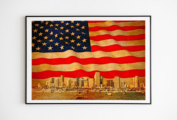 Miami and US flag artwork blened on old paper