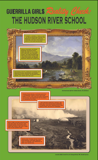 Poster
Top part: A framed painting  by the exclusive (and not inclusive towards women and black painters) Hudson River School depicting a wild landscape with a river. That was the supposedly uninhabited land colonizers discovered.