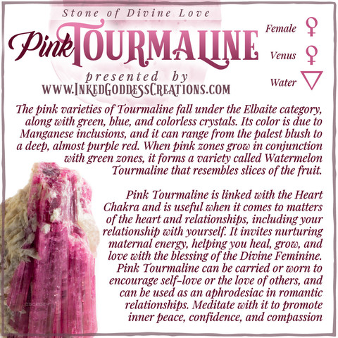 A graphic about Pink Tourmaline featuring a photo of the mineral, from Inked Goddess Creations.