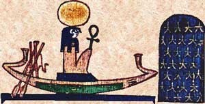Ra with the head of a falcon adorned with the sun-disk travelling in his solar barque across the sky.