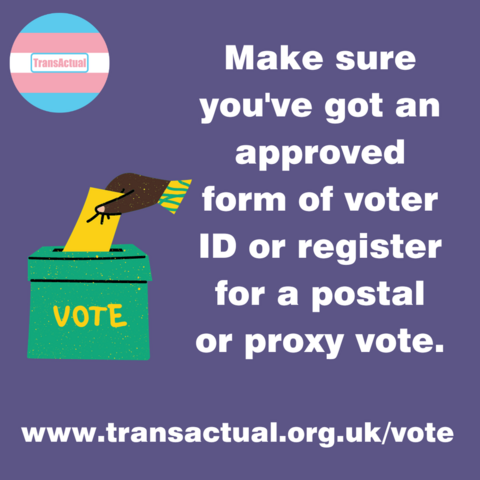 Graphic shows a person posting a vote into a ballot box. Text says 'Make sure you've got an approved form of voter ID or register for a postal or proxy vote. www.transactual.org.uk/vote