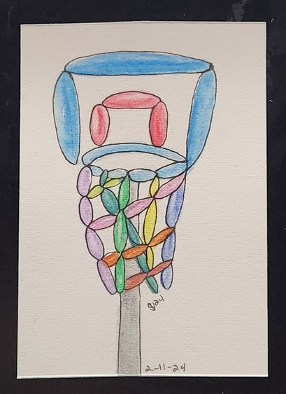 Watercolor painting of a basketball hoop made out of balloons.