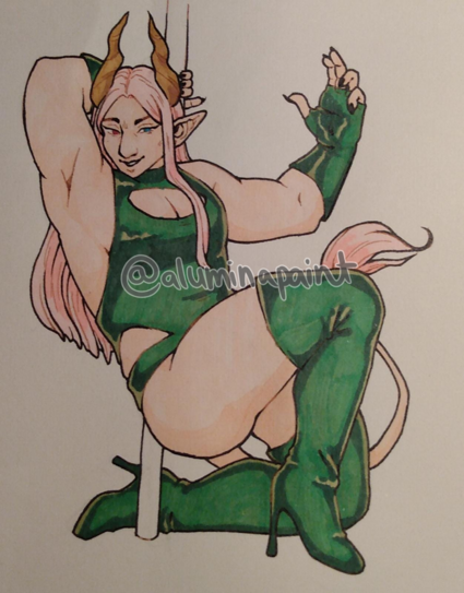the same artwork, colored, the long hair is pink, the eyes are red and green, and the outfit is green and shiny, with matching thigh high boots. 