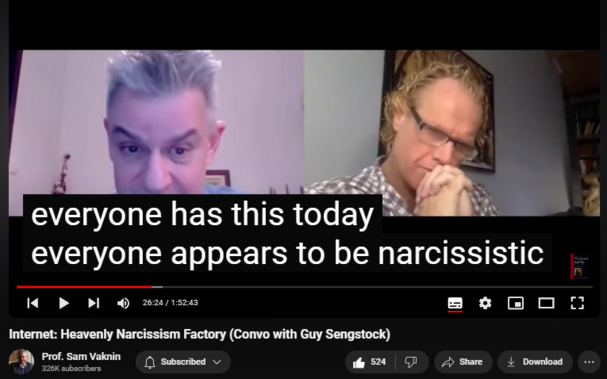 https://www.youtube.com/watch?v=l8FllW5awaU
Internet: Heavenly Narcissism Factory (Convo with Guy Sengstock)

16,784 views  12 Nov 2020  Psychopathic Narcissists in Social Settings
NEW CHANNEL Nothingness: Antidote to Narcissism
  

 / @nothingnessnonarcissism  

The Internet is the Kingdom of Heaven for narcissists and spawns narcissism. It caters to our deepest emotional-psychological needs and cravings. This is an irreversible process.

Psychologists preassume universal human nature

There is affinity between humans and computers (naturally): Turing universal machines

Narcissist fallen, inauthentic “One” (=they) condition

Choice between world and self: mutually exclusive

Individuation is a rejection of the world at the service of the self

False self (narcissism) is a rejection of the self in favor of the world: true ego death, no self
Will is an illusion, akin to time, grandiose attempt to negate mortality. Thinking is a subspecies of Nietzschean Will, not the Heideggerian Turn. It is also Will’s precursor and necessary though insufficient condition: Will needs the World.