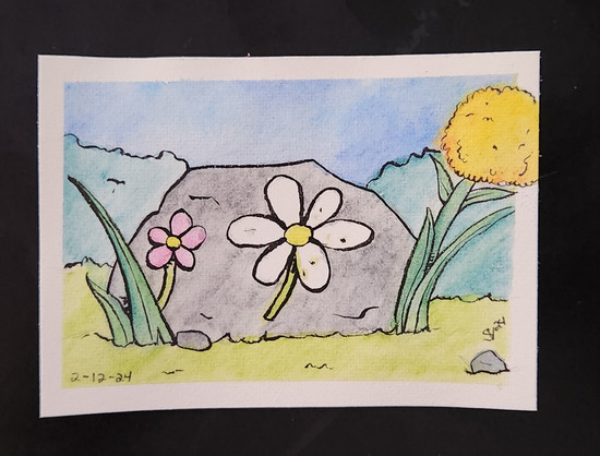 Watercolor painting of a rock in a painted with daisies. 