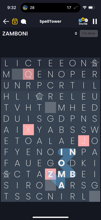 Screenshot of Puzzoli game Spelltower with the word “zamboni” selected but not being recognized as a word.