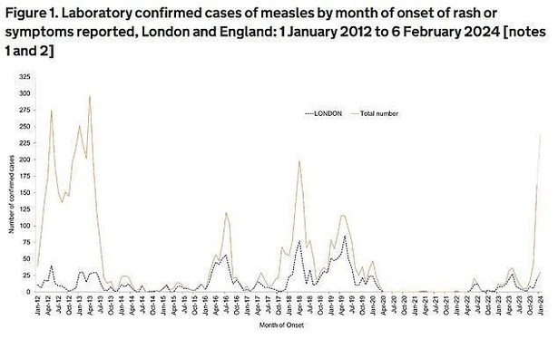measles cases England 2012-2024