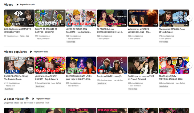 captura de pantalla del canal con parte de los vídeos en listas 