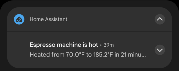 Home Assistant notification from my espresso machine letting me know it's hit enough for coffee!