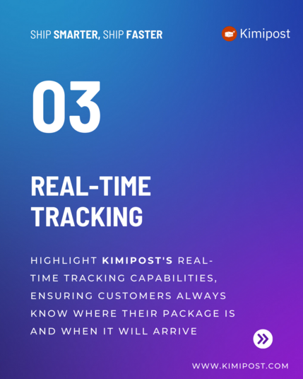 SHIP SMARTER, SHIP FASTER = Kimipost

HIGHLIGHT KIMIPOST'S REAL-

TIME TRACKING CAPABILITIES,

ENSURING CUSTOMERS ALWAYS

KNOW WHERE THEIR PACKAGE IS

AND WHEN IT WILL ARRIVE Q WWW . KIMIPOST.COM 