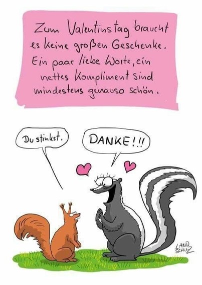 Cartoon eines Eichhörnchens und eines Stinktiers. Zum Valentinstag.
Eichhörnchen: „Du stinkst.“
Stinktier antwortet verliebt: „DANKE!!!“