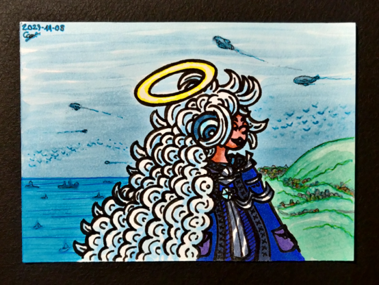 Un dessin représentant un homme regardant vers la droite, les yeux fermés et souriant avec des cheveux blancs très volumineux, portant une auréole un manteau bleue, bordé de gris et de métal, avec une cravate métallique nouée d'un joyeau bleu pâle, ainsi qu'une extension de métal et de verre à son oreille droite; en fond, une colline verte et des bâtiments à la droite, et une mer avec des navires à sa gauche, et au dessus des oiseaux et des vaisseaux tels que des dirigeables et des ballons dans les cieux.