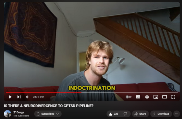 https://www.youtube.com/watch?v=LboWUnmMzao
IS THERE A NEURODIVERGENCE TO CPTSD PIPELINE?


2,184 views  8 Feb 2024
check me out on Spotify 
https://open.spotify.com/artist/17YT1...