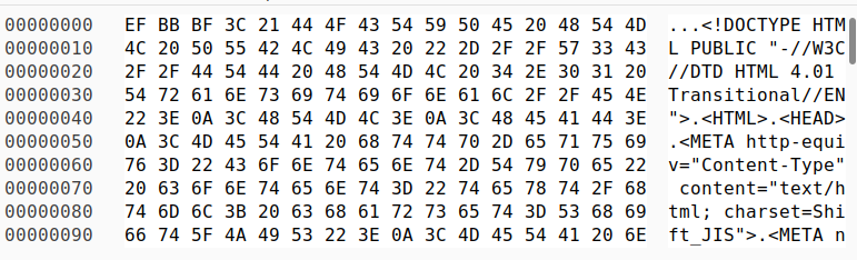 Hex editor of an html file showing a UTF-8 BOM and then the regular html header including a charset http-equiv header that identifies the content as Shift_JIS