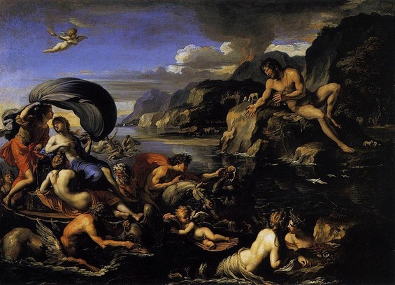 Painting by François Perrier depicting Acis and Galatea being ferried across the water by their attendants while being  watched from the shore by the cyclops Polyphemus