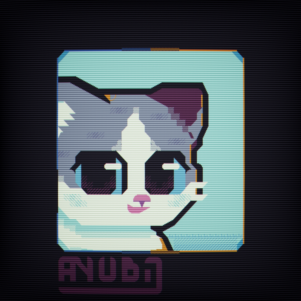 A Textmode Redraw of a cat staring at the viewer with a cheeky smile. There's a slight rim light at both sides of the pieces, of colors blue and orange.