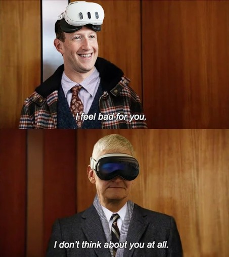 Mad Men elevator meme with Zuck with an Oculus telling Tim Apple with an AVP that he feels bad for him who responds that he doesn’t think about him at all.