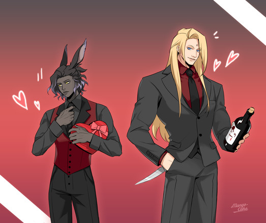 The viera Erenville and Garlean prince Zenos yae Galvus from the mmorpg FFXIV dressed in black suits standing next to each other. Erenville is holding a heart-shaped box of chocolates and avoiding the viewers gaze while Zenos is holding out a bottle of wine and smiling at the viewer. He is holding a knife in his other hand.