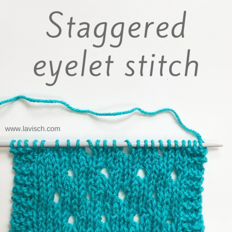 The staggered eyelet stitch shown in blue yarn on a knitting needle.
