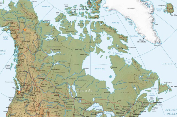 a map of Canada and Alaska with stars on Washington and Alaska