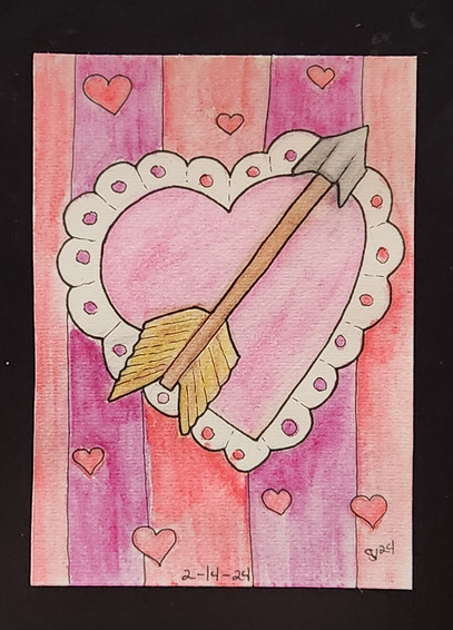 Watercolor painting of an arrow on top of a heart doily and heart background.