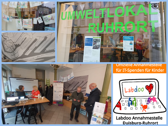 Collage aus 4 Fotos und einer Grafik. Die Grafik zeigt das Laptop-Logo von Labdoo, darunter den Schriftzug "Labdoo Annahmestelle Duisburg Ruhrort".
Die Fotos zeigen den Umweltladen Ruhrort von innen und außen. In den Schaufenstern sieht man an Schnüren aufgehängte, von Kindern gemalte Bilder, die Verbesserungsideen für Ruhrort zeigen.
Im Innenraum sieht man Besucher, die sich unterhalten.