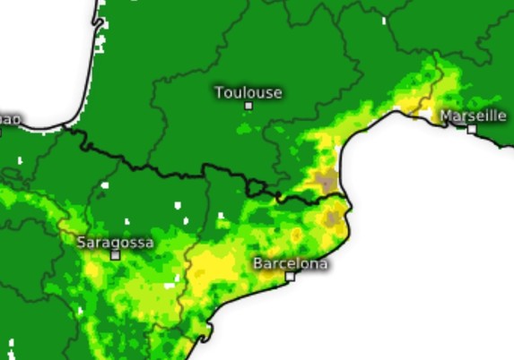 Gelbe und teils braune Flecken auf Karte von Ost Spanien und Süd Frankreich 