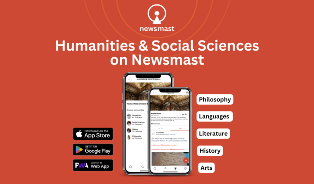 Text: Humanities & Social Sciences on Newsmast. Philosophy, Languages, Literature, History, Arts. 

Image: The Newsmast app displaying the Humes & Social Sciences communities. 