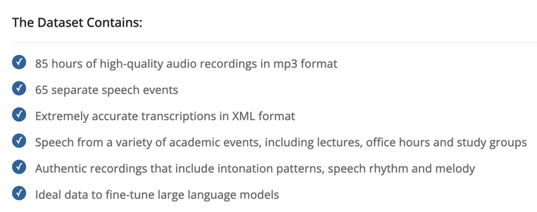 A screenshot of the data in the "Academic Spoken English" dataset from Catalyst Research. The data include: "85 hours of high-quality audio recordings in mp3 format; 65 separate speech events; Extremely accurate transcriptions in XML format; Speech from a variety of academic events, including lectures, office hours and study groups; Authentic recordings that include intonation patterns, speech rhythm and melody; Ideal data to fine-tune large language models; 829 student papers in txt format."