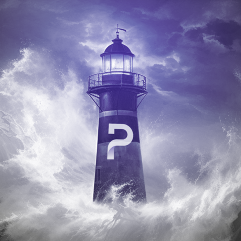 An illustration of a Proton branded lighthouse with water splashing up all around it. 