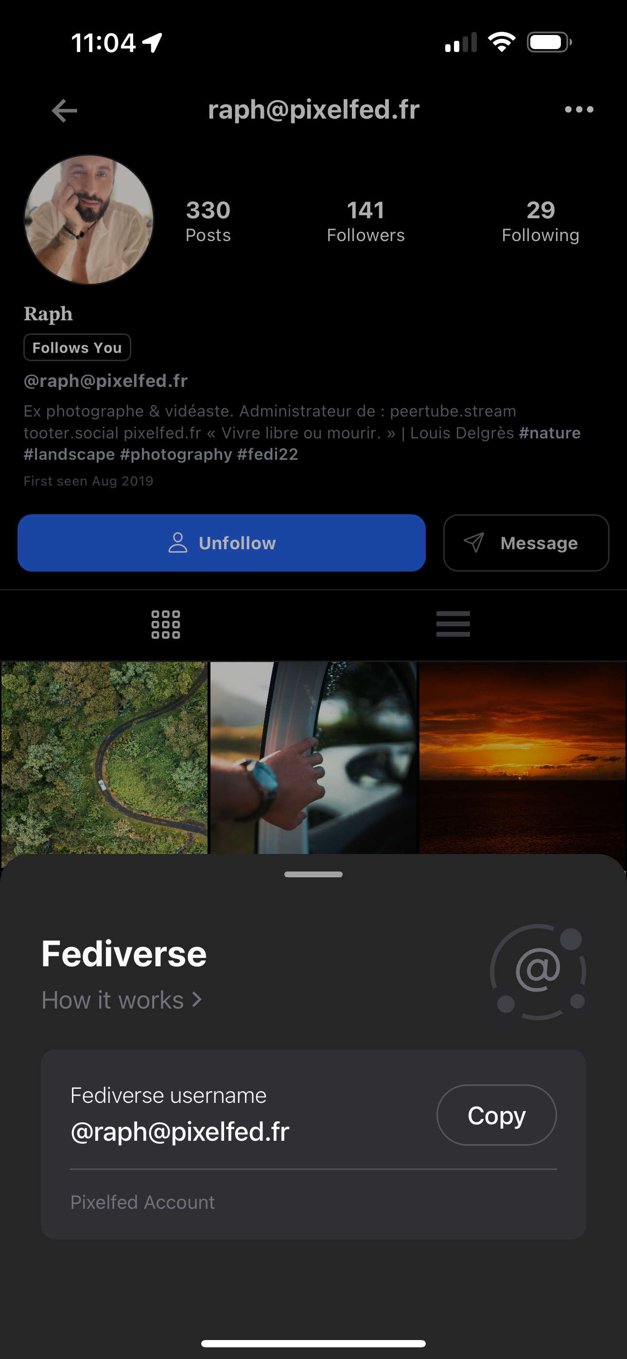 When tapping on a fediverse account, a new screen appears with more info and a copy button