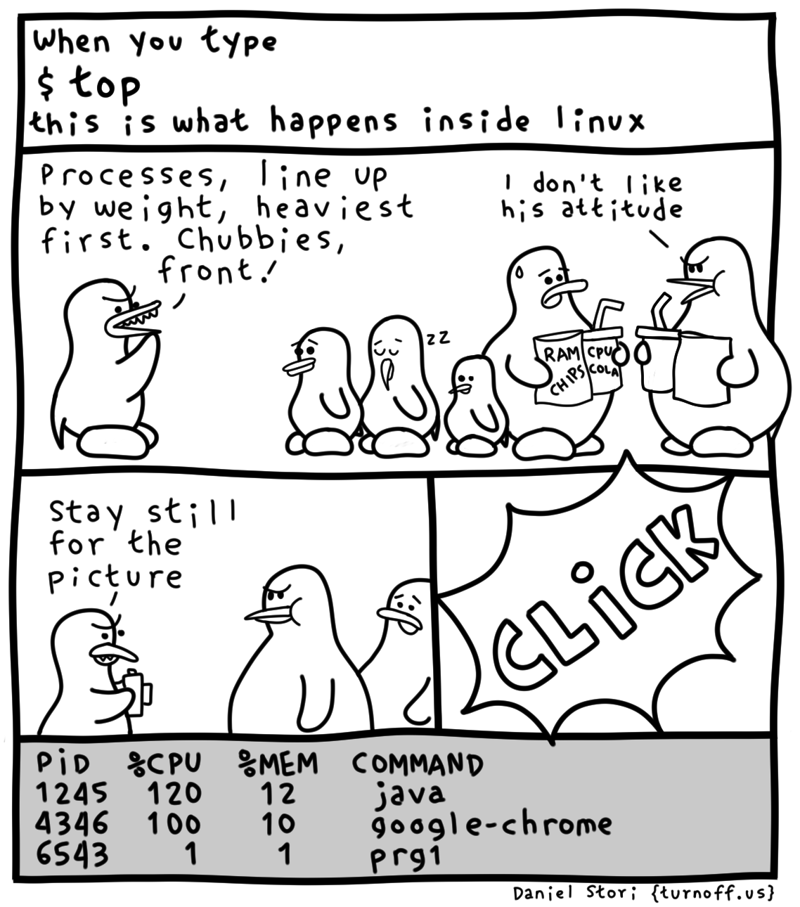 This comic try to explain what happens inside linux when you type the `top` command at the CLI. Credit https://turnoff.us/