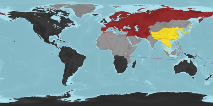 Geopolitical map from Orwell's 1984, in which Russia is aligned with Eurasia, not Eastasia.