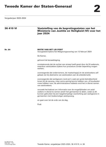 Tweede Kamer motie van Podt (D66) om werken voor asielzoekers makkelijker te maken.
