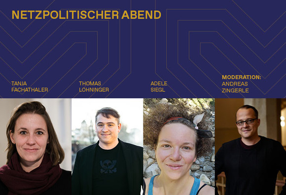 Netzpolitischer Abend Grafik im Elevate Festival 2024 Design.
Darauf zu sehen sind die Speaker:innen Tanja Fachathaler, Thomas Lohninger, Adele Siegl und Moderation: Andreas Zingerle