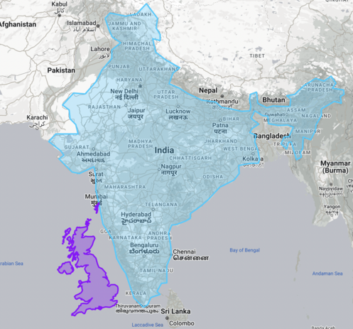 A rendering of the UK alongside the highlighted area of India. The UK has been placed in the Indian Ocean off the west coast of India, with England’s south coast aligned with the southern tip of India. 

With this alignment the north of Scotland doesn’t even reach Hyderabad. Top to bottom, Great Britain’s main land mass is less than a third of the north-south height of India.