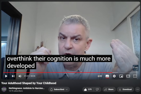 https://www.youtube.com/watch?v=jNtNOA1Je0w
Your Adulthood Shaped by Your Childhood


4,119 views  10 Feb 2024  Nothingness and Mental Health
Adverse Childhood Experiences (ACE) destroy your physical and mental health later in life.

From Child to Narcissist Playlist
  

 • A-ha Moment, Gut Instinct, Insight, K...