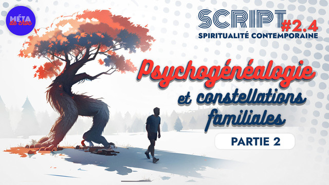 Un arbre représentant les constellations familiales poursuit un individu, et le cache avec son ombre inquiétante. Illustration de l’émission sur la psychogénéalogie, du podcast Méta de Choc.