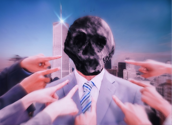 A man with an asteroid head is being pointed at by a number of people. He is wearing a suit. #skullasteroid