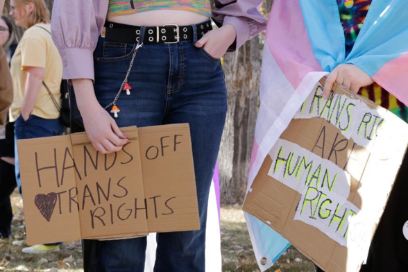 Students join a walkout protesting the province's proposed pronoun legislation in Regina, Tuesday, Oct. 17, 2023. THE CANADIAN PRESS/Valerie Zink Canadian Press 