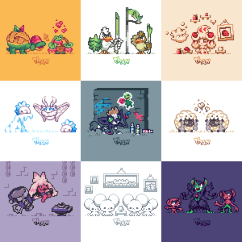 A recap of some pixel fanarts that I drew recently! All of them have decent alt texts in their single posts, this one is just a batch of nine of them together.