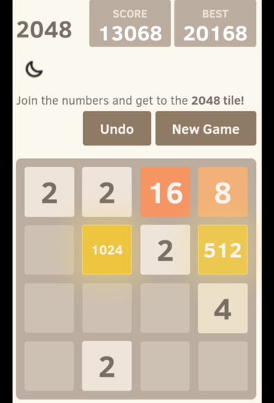 captura de pantalla do xogo 2048, cunha lousa co 1024, outra co 512, e é o máis lonxe que chegara ata o momento