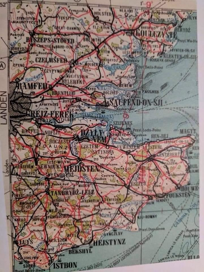 Map of Eastern England with names spelled phonetically in Polish 