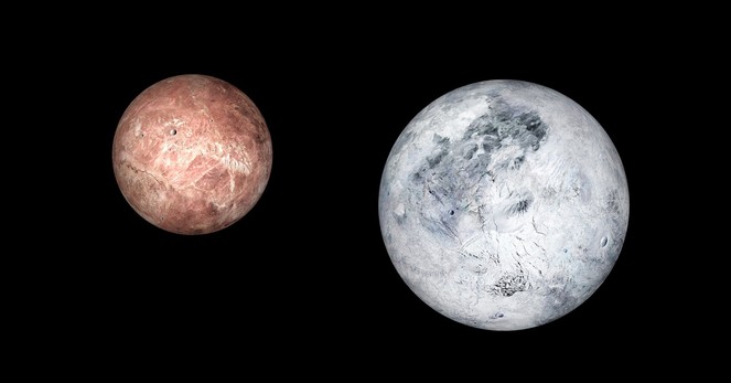 Illustration shows comparative sizes of dwarf planets Makemake (left) and Eris (right)