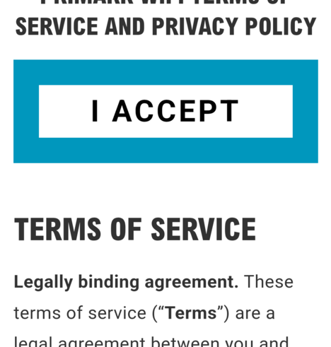 Excerpt of a screenshot. It's a Terms snd Conditions page for accessing Wi-Fi. The button, labelled "I ACCEPT", is very large snd white with a very thick, turquoise border around it.