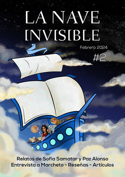 Portada número 2 de la revista. En esta ocasión tenemos un barco más oscuro que en el anterior, más metalizado y sus tripulantes son otres, acordes con el contenido de la revista. Arriba aparece nuestro nombre y abajo parte de ese contenido: relatos de Sofía Samatar y Paz Alonso y entrevista a Marcheto