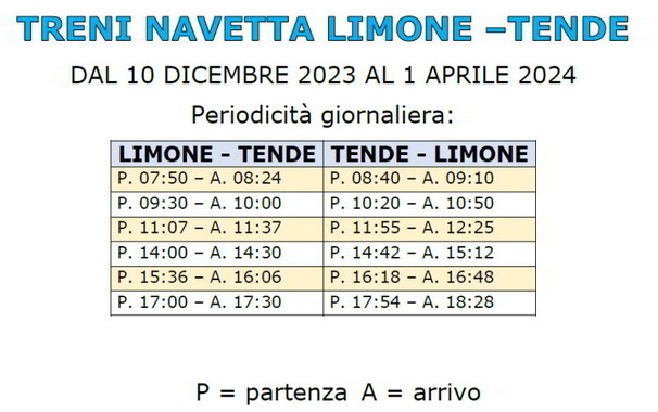 Timetable of the ski shuttle train between Limone and Tende (2024) valid from 10 Dec 2023 unitl 1 April 2024.